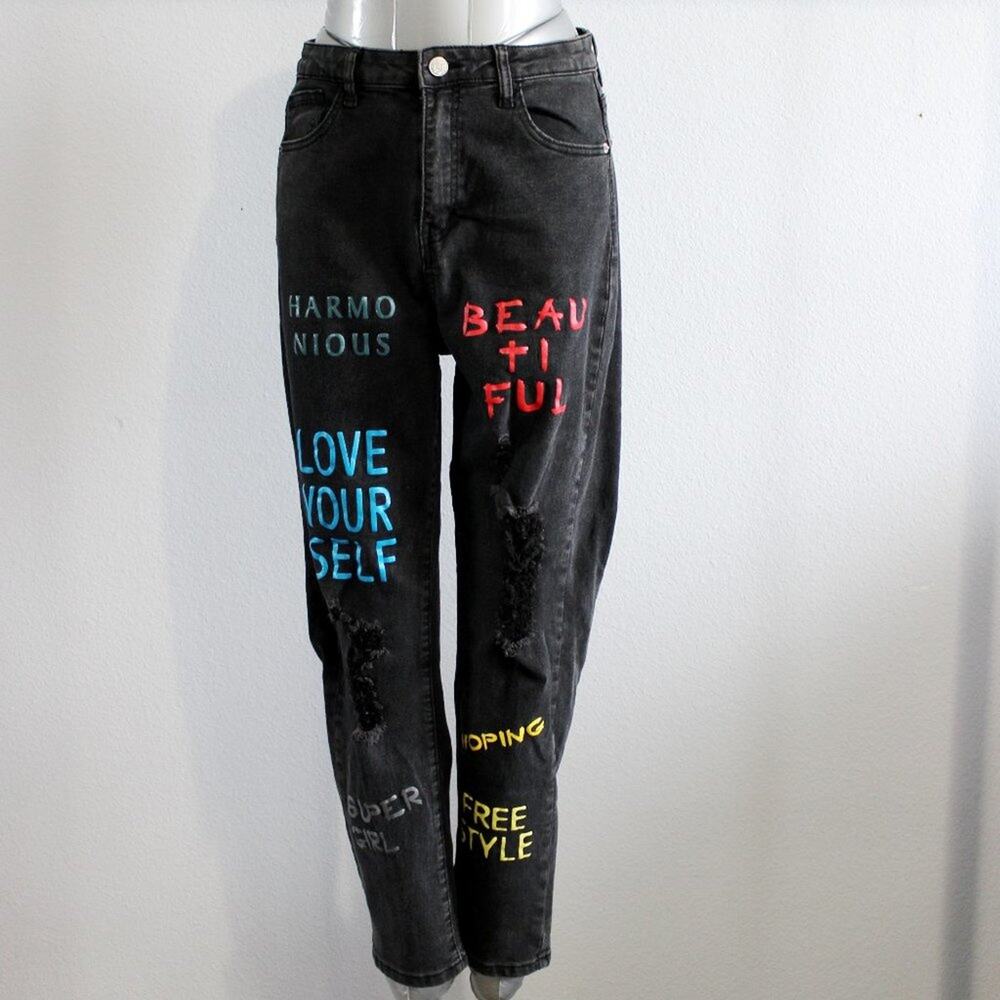 Shein High Rise Slogan Graphic Distressed Black Jean Size L